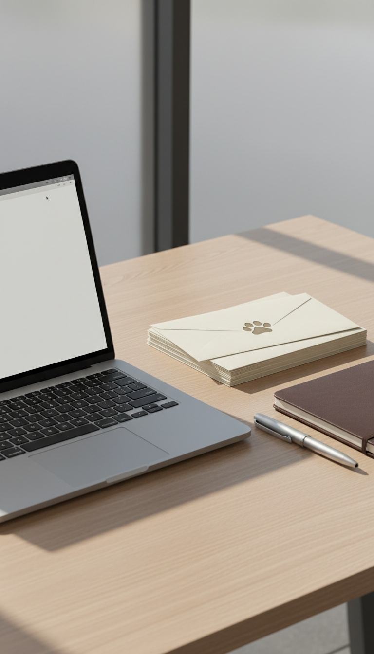 A sleek brushed-aluminum laptop open on a smooth light oak desk, displaying an elegant blank document. To the laptop's side, a stack of cream-colored business envelopes with crisp dog paw-print logos embossed in matte ink adds subtle texture. The workspace is minimally decorated, featuring a closed leather notebook and a polished silver pen. Soft midday natural light pours through a frosted office window, casting gentle, geometric shadows and emphasizing the clean lines and corporate vibe. Captured from a slightly elevated angle, the composition is balanced and uncluttered with shallow depth of field, exuding a calm, professional, and orderly atmosphere aligned with a photographic, structured business aesthetic. The scene powerfully communicates modern copywriting efficiency for dog-related enterprises.