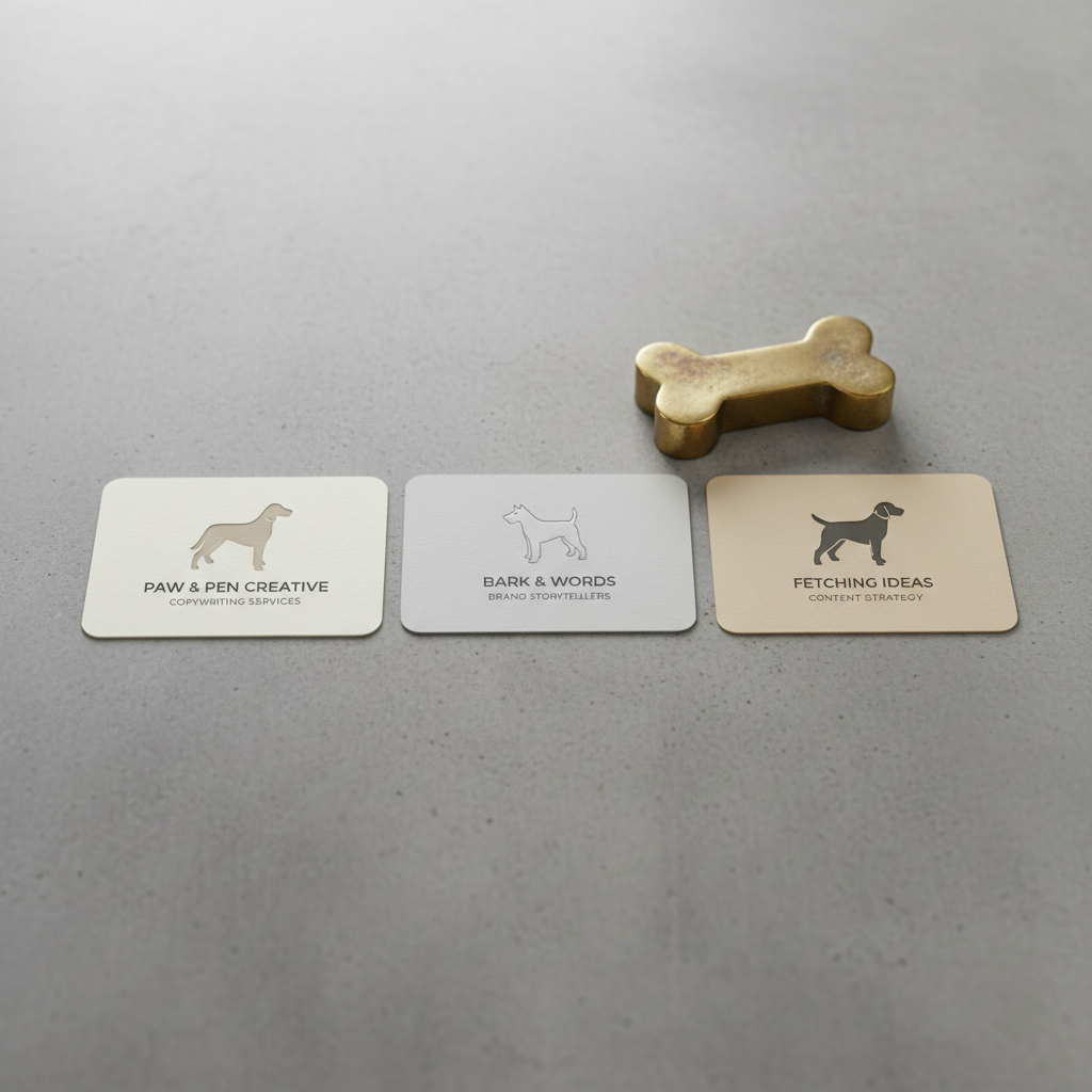 A set of three meticulously designed dog-themed business cards arranged precisely atop a muted concrete workspace. Each card showcases refined sans-serif fonts and a simple, embossed dog silhouette in taupe, silver, and charcoal tones, complemented by smooth matte finishes. At the back, a vintage brass paperweight shaped as a dog bone anchors the composition. Overhead, indirect softbox studio lighting creates a flattering uniform glow and subtle, clean-edged shadows, enhancing the minimalist lines and neutral color scheme. The centered camera angle and moderate depth of field highlight the details and tactile qualities, fostering a mood that is polished, sophisticated, and distinctly corporate. The image invites a sense of trust, perfectly merging professionalism with canine-centric branding for a copywriting business.